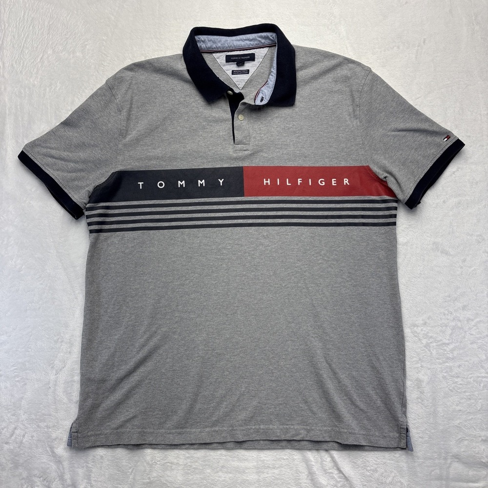 Tommy Hilfiger Flag Logo Polo Mens XXL Gray Striped Preppy Colorblock